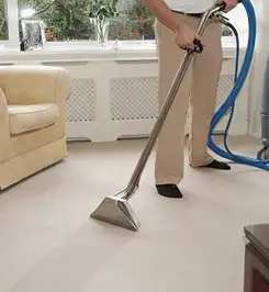 Professional carpet cleaner using a hot-water extraction wand and hose machine in a living room in Aurora, IL.
